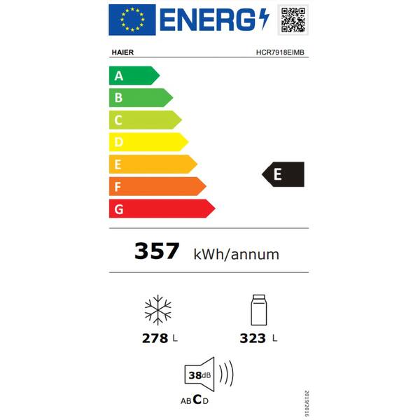 Side by Side HAIER HCR7918EIMB, No Frost, 601 l, H 177 cm, Clasa E, Dozator apa, negru
