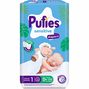 Scutece PUFIES Sensitive Newborn nr 1, Unisex, 2-5 kg, 43 buc