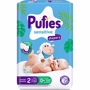 Scutece PUFIES Sensitive nr 2, Unisex, 4-8 kg, 70 buc