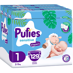 Scutece PUFIES Sensitive Newborn nr 1, Unisex, 2-5 kg, 129 buc
