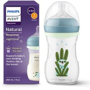 Biberon PHILIPS AVENT Avent Natural Response Night SCY903/81, flux lent, 0 luni+, 260ml, verde fosforescent-transparent