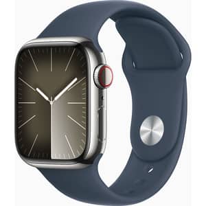 APPLE Watch Series 9, GPS + Cellular, 41mm Silver Stainless Steel Case, Storm Blue Sport Band - M/L