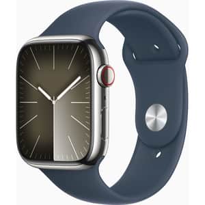 APPLE Watch Series 9, GPS + Cellular, 45mm Silver Stainless Steel Case, Storm Blue Sport Band - M/L