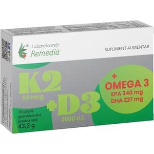Supliment alimentar K2+D3+Omega 3, 30 capsule gelatinoase moi, LABORATOARELE REMEDIA