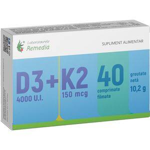 Supliment alimentar Vitamina D3 4000UI + K2 150 mcg, 40 comprimate filmate, LABORATOARELE REMEDIA
