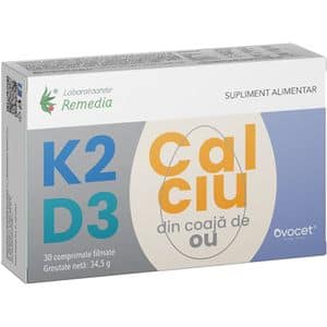 Supliment alimentar K2+D3+Calciu din coaja de ou, 30 comprimate, LABORATOARELE REMEDIA