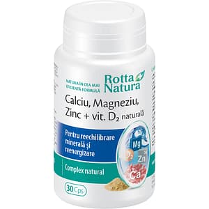Supliment alimentar Calciu, Magneziu, Zinc + Vitamina D2 Naturala, 30 capsule, ROTTA NATURA