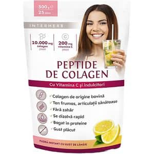 Peptide de Colagen pudra 10.000 mg si Vitamina C cu aroma de lamaie, 300 g, INTERHERB
