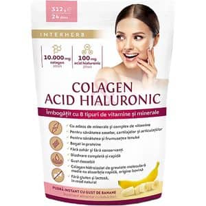Colagen pudra 10.000 mg, Acid Hialuronic 100 mg cu aroma de banane, 312 g, INTERHERB