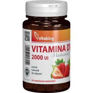 Supliment alimentar Vitamina D3 2000 UI, cu aroma de capsuni, 90 comprimate masticabile, VITAKING