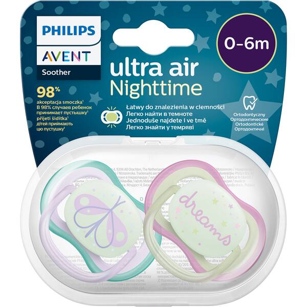 Suzeta PHILIPS AVENT Ultra Air NightTime SCF376/19, 0-6 luni, 2 buc, multicolor