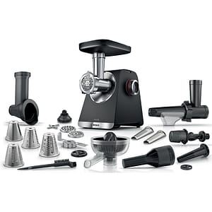 Masina de tocat carne BOSCH ProPower MFWS682B, 3.5kg/min, 2100W, accesoriu carnati/fursecuri/storcator citrice, negru-argintiu