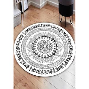 Covor living / dormitor Collection Flower, D140 cm, poliester, negru-alb