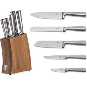Set cutite BERLINGER HAUS BH/3124 + suport lemn, 5 piese, otel, 9-20cm, argintiu