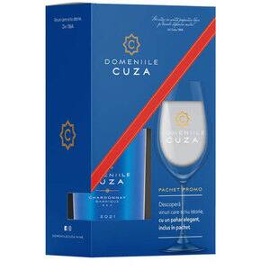 Pachet Vin alb sec Purcari Winery Domeniile Cuza Sauvignon Blanc, 0.75L + 1 pahar