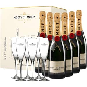 Set Sampanie alba Moet & Chandon Imperial, 0.75L, bax 6 sticle + 6 pahare