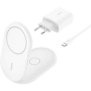 Incarcator wireless 2 in 1 BELKIN WIZ028VFWH, universal, QI, MagSafe 15W, alb